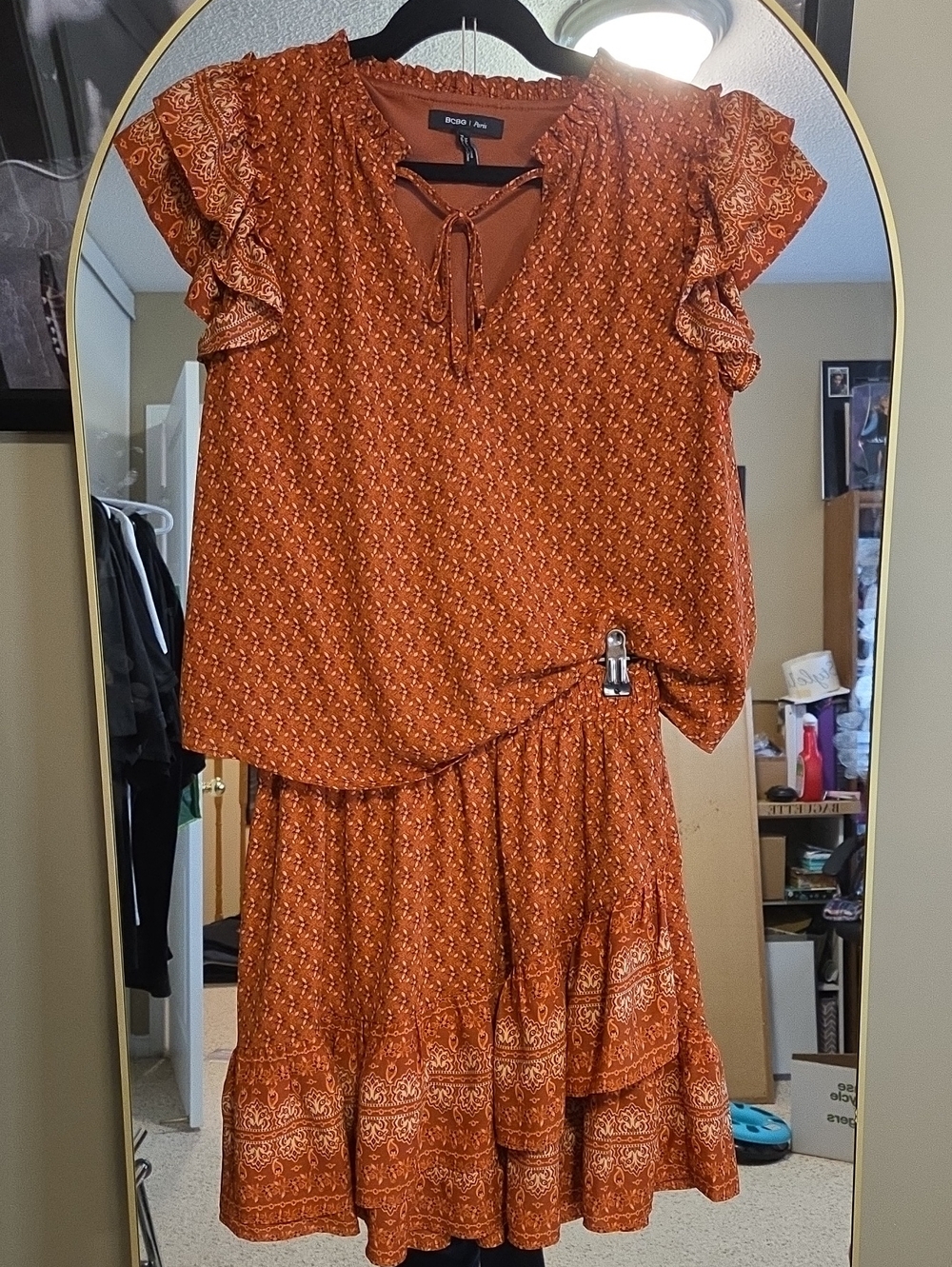 2 Pc Rust Orange Boho Cap Slv Top & Tiered Skirt Set
